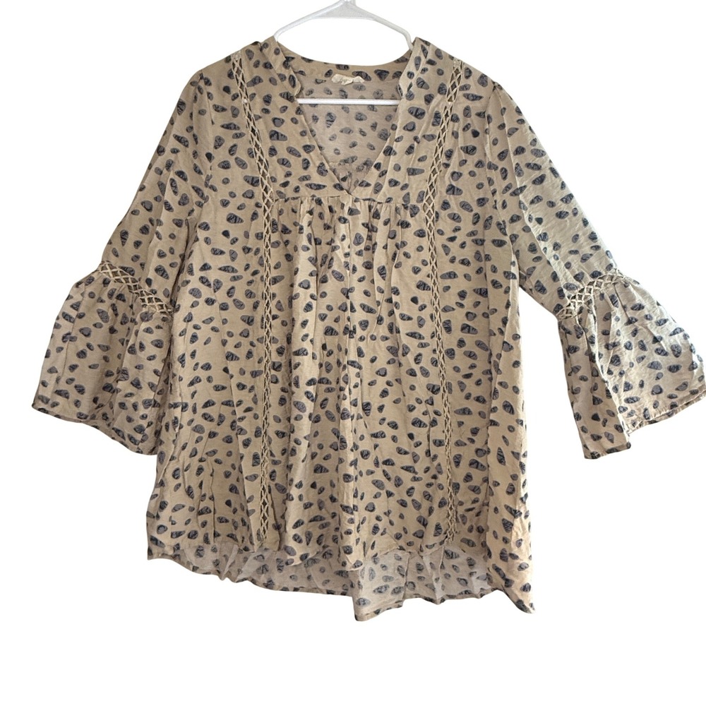 ODDI Boho Peasant Blouse Bell Sleeve Crochet Trim Beige Blue Rayon One Size